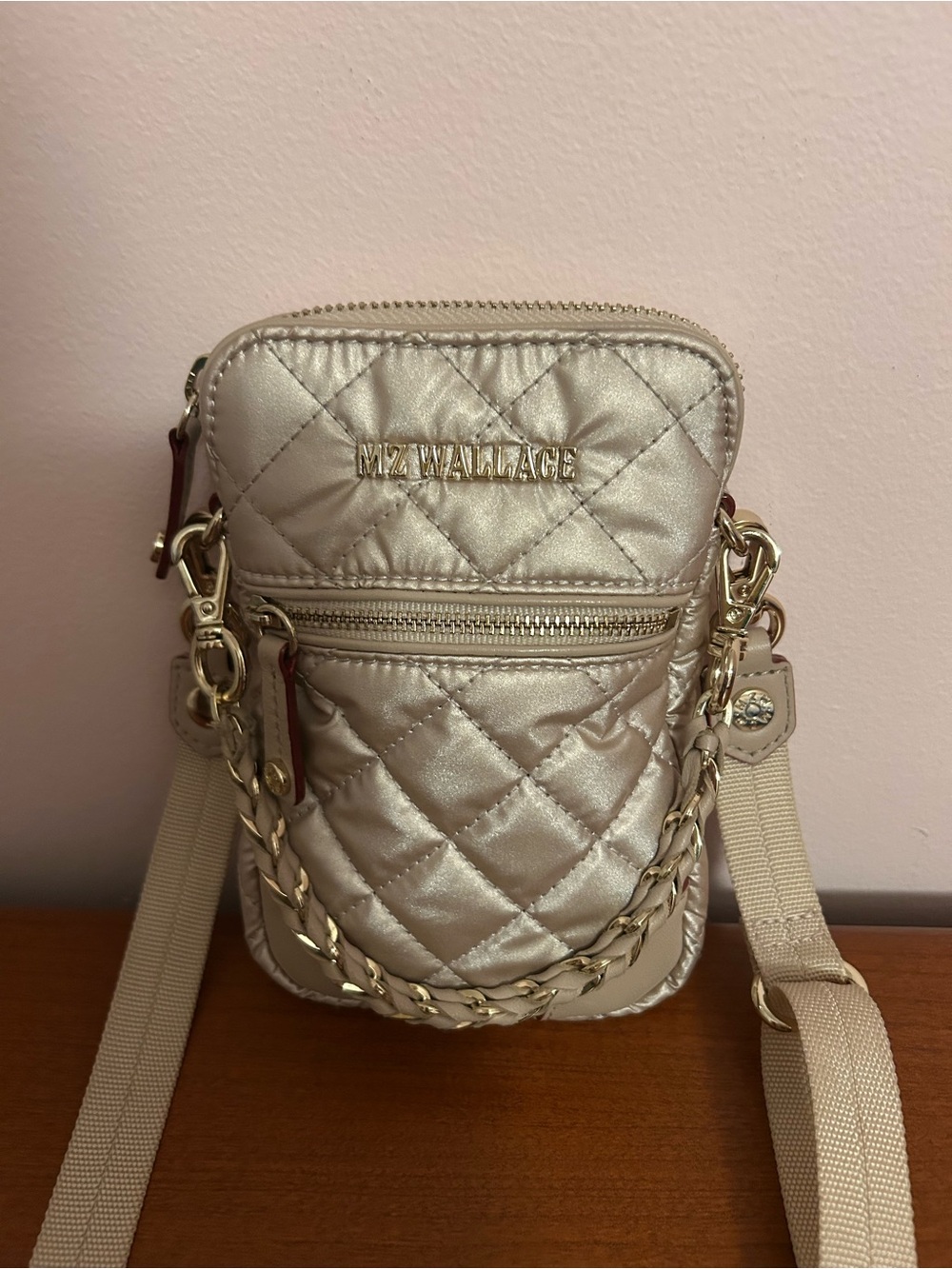 MZ Wallace Quilted Metallic Champagne Crossbody Pouch